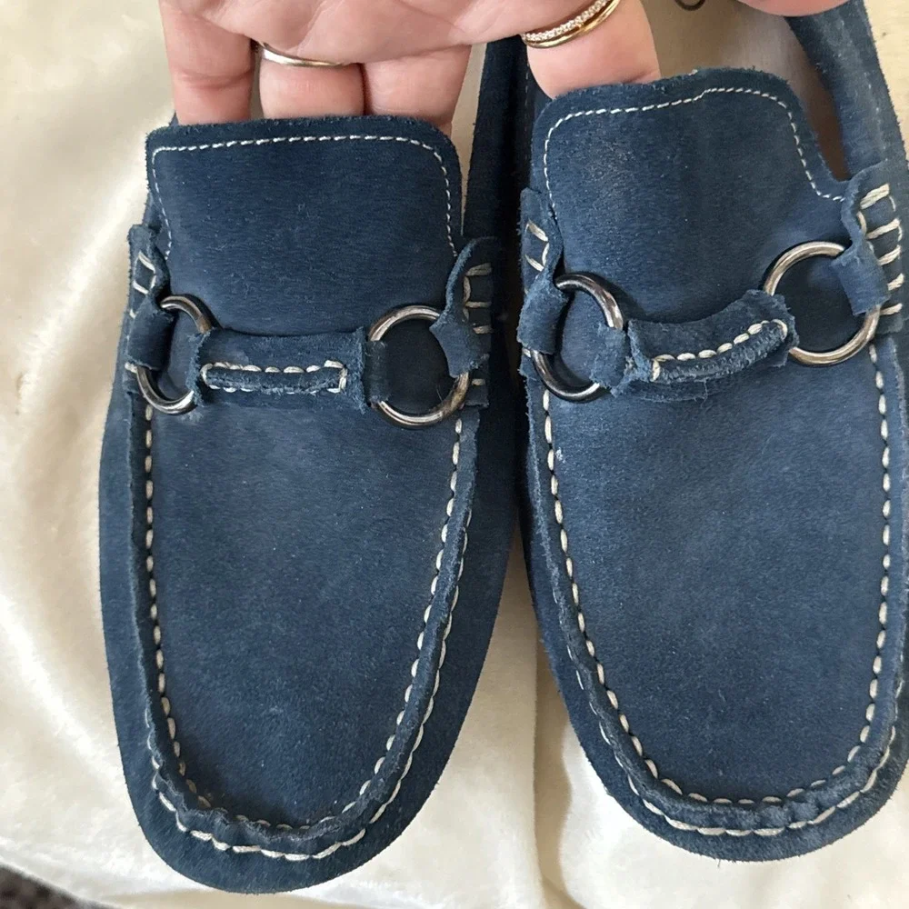 Aldo dark blue suede loafers Slip On White Stitch Silver Tone Buckle Sz 9.5